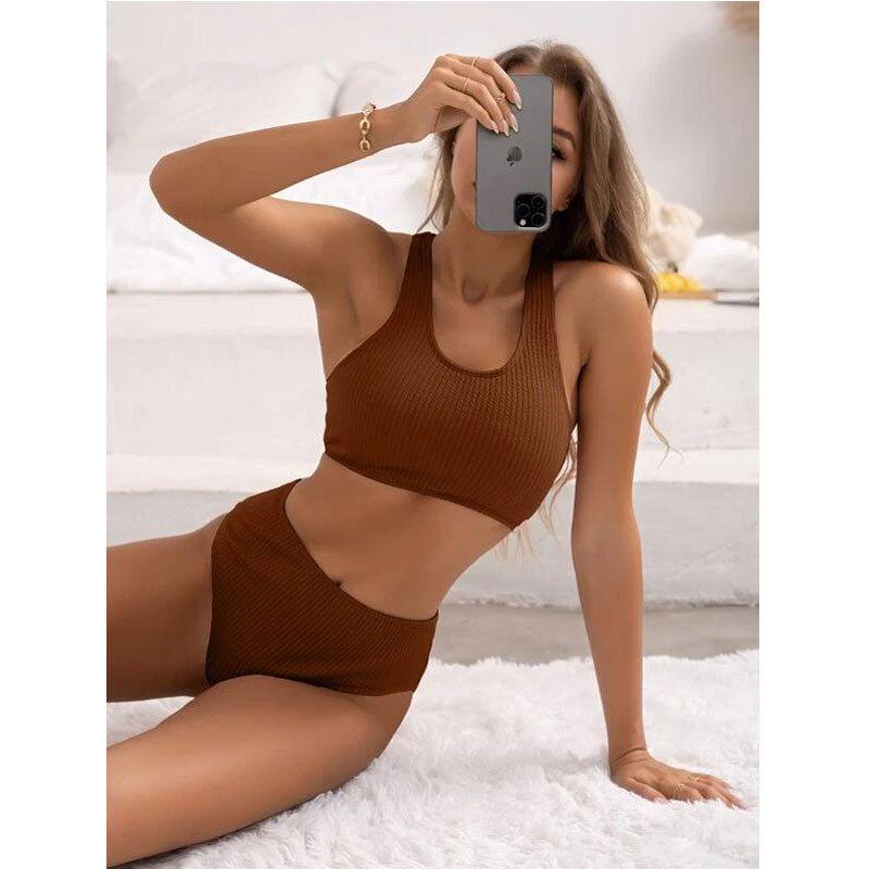 

Купальник бикини с высокой талией и полосками пит, однотонный купальник бикини с высокой талией 4 M