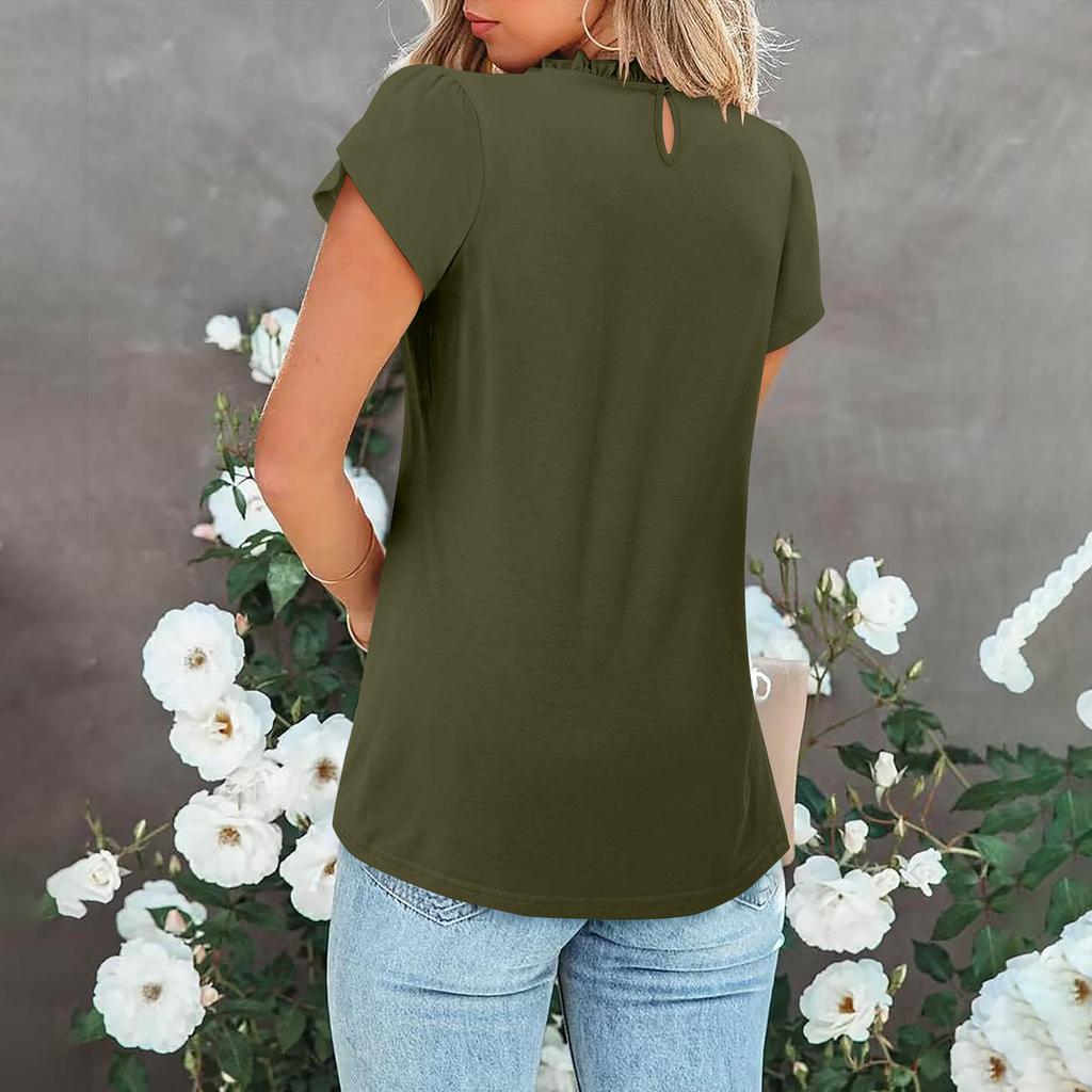 Damen Mode Einfarbig Knopf Rundhals Kurzarm Plissierte Bluse Leichtes Lässiges Oberteil für den Alltag