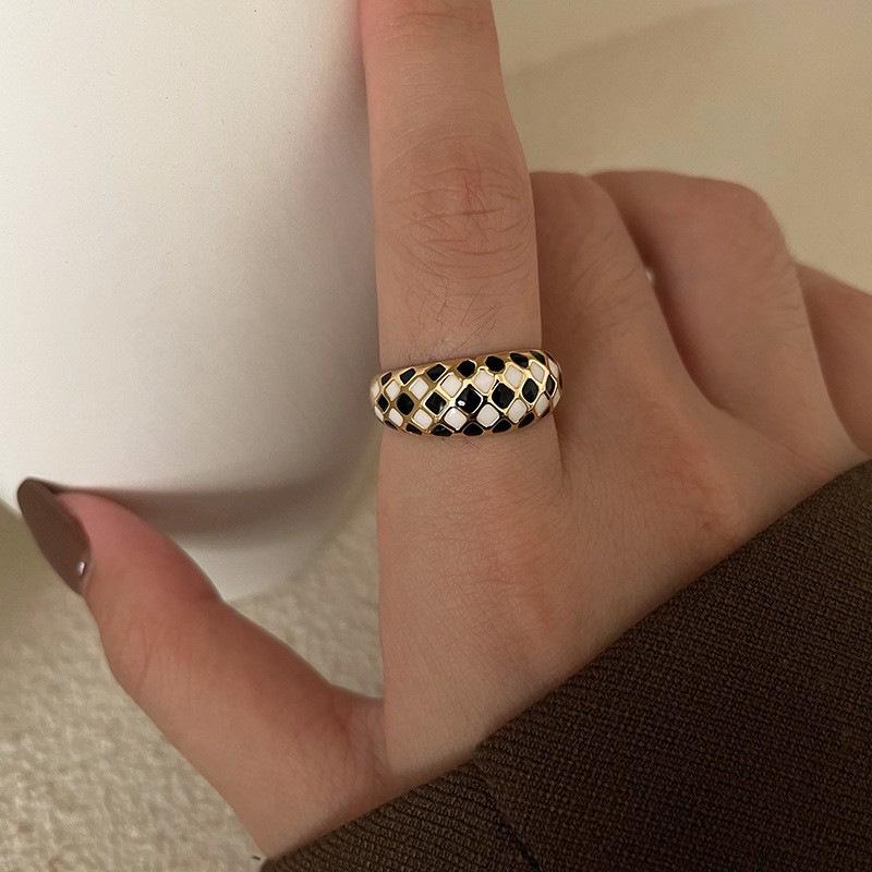Korean Style Geometric Black  White Enamel Adjustable Ring for Women Open Adjustable
