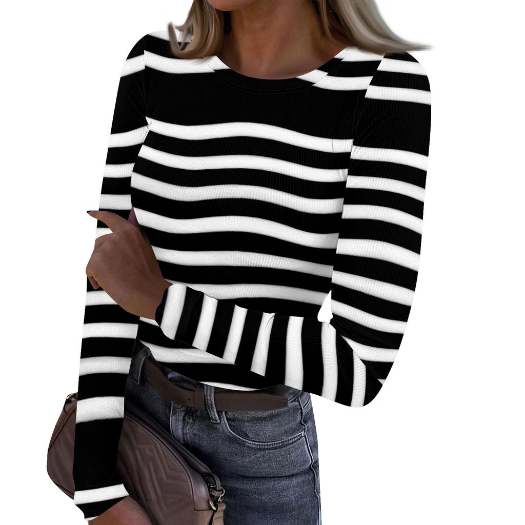Women's Casual Fashion Round Neck Striped Print Long Sleeve Ribbed Top