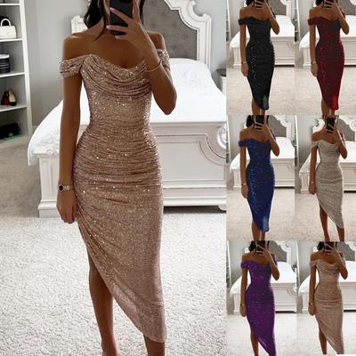 Rochie Midi de Damă cu Umerii Dezgoliți și Mânecă Scurtă, Croială Strâmtă, Talie Înaltă, Monocromă, cu Paiete, Drapată, Bodycon