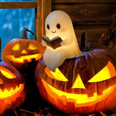 Niedliche Gespenst Leselampe LED Sitzendes Gespenst liest ein Buch Nachtlicht für Halloween Badezimmer Nachttischdeko