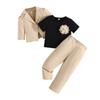 New Girls' Mid-Length Sleeve Jacket + Short Sleeve Shirt + Long Pants Three-Piece Set with Front Chest Embroidered Flowers Children's Outfit