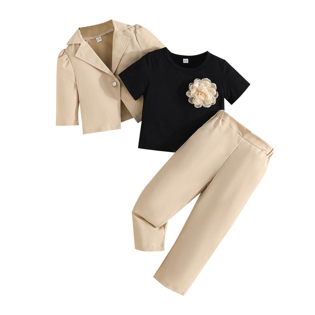 New Girls' Mid-Length Sleeve Jacket + Short Sleeve Shirt + Long Pants Three-Piece Set with Front Chest Embroidered Flowers Children's Outfit