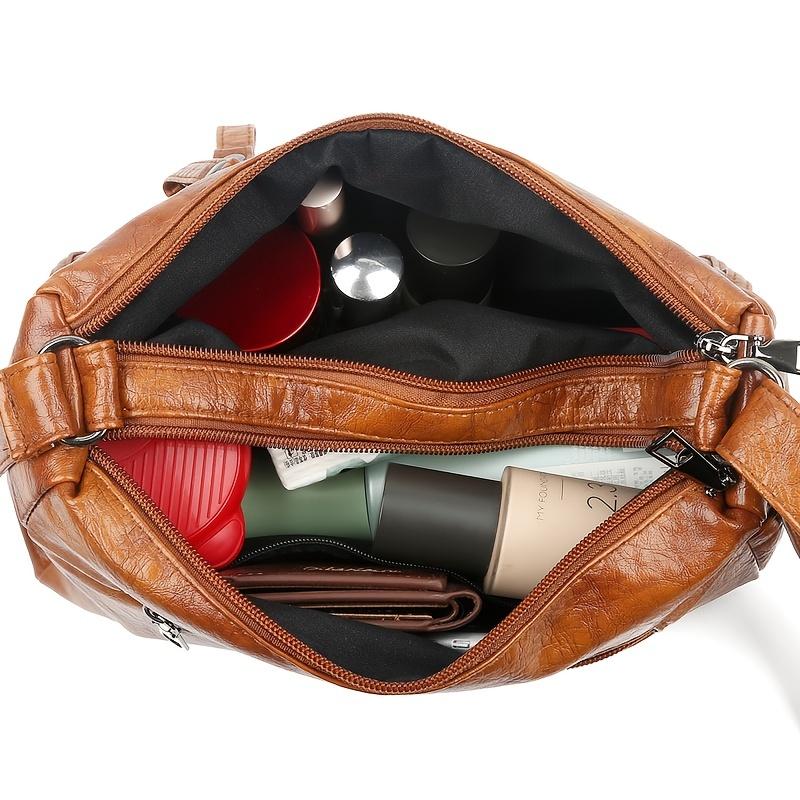 Solid Color Multi Zipper Bag Vintage Soft Leather Shoulder Bag  Casual Crossbody Purse For Work
