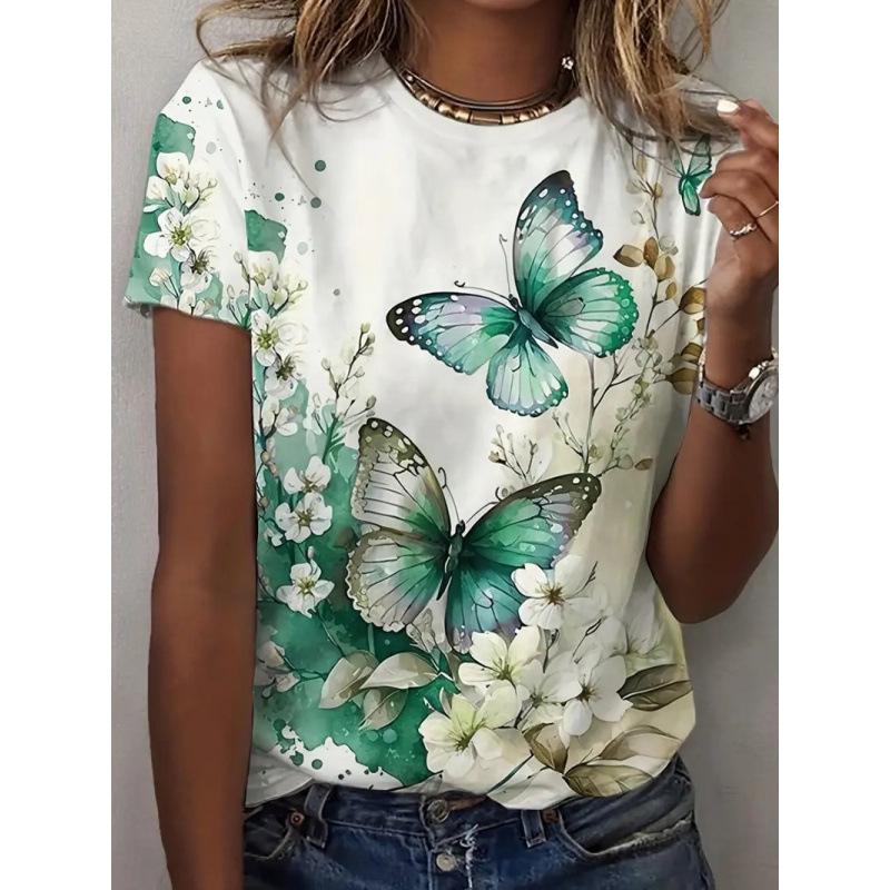 Summer Round Neck 3D Flower Pattern Print Top Fashionable Casual Short Sleeved Women's T-shirts