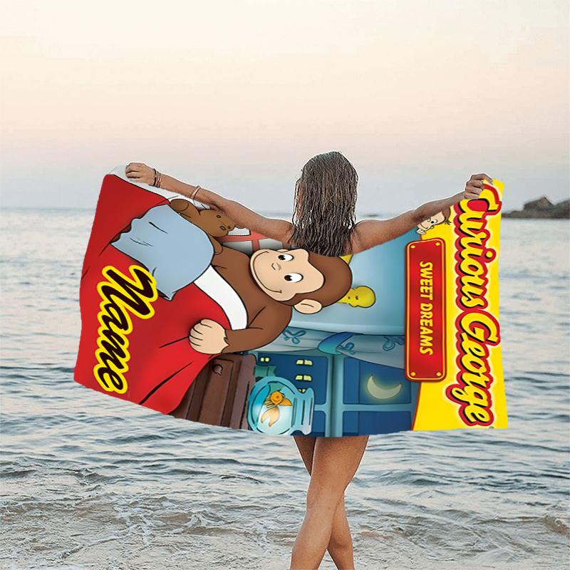 1pc Curious George8 Beach Towel with Custom Name, Beach/Swimming/Bath/Picnic/Camping Towel, Suitable for Seaside Beaches