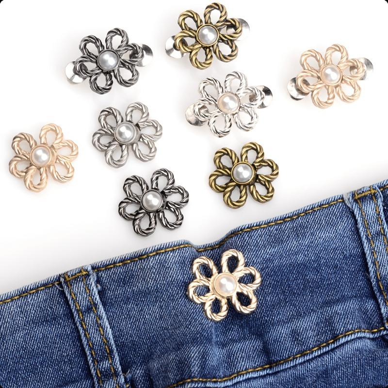 2/4Pcs No‑Sew Flower Pearl Waist Buckle Detachable Pants Waist Reducing Clip Fashion Decor Brooch for Jeans Skirt Shirt Outfit