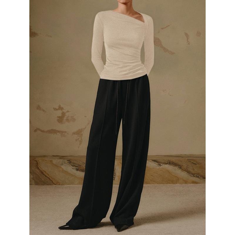 Women's Sexy Slant Neck Long Sleeve Solid Colour Inner Temperament Elegant Top