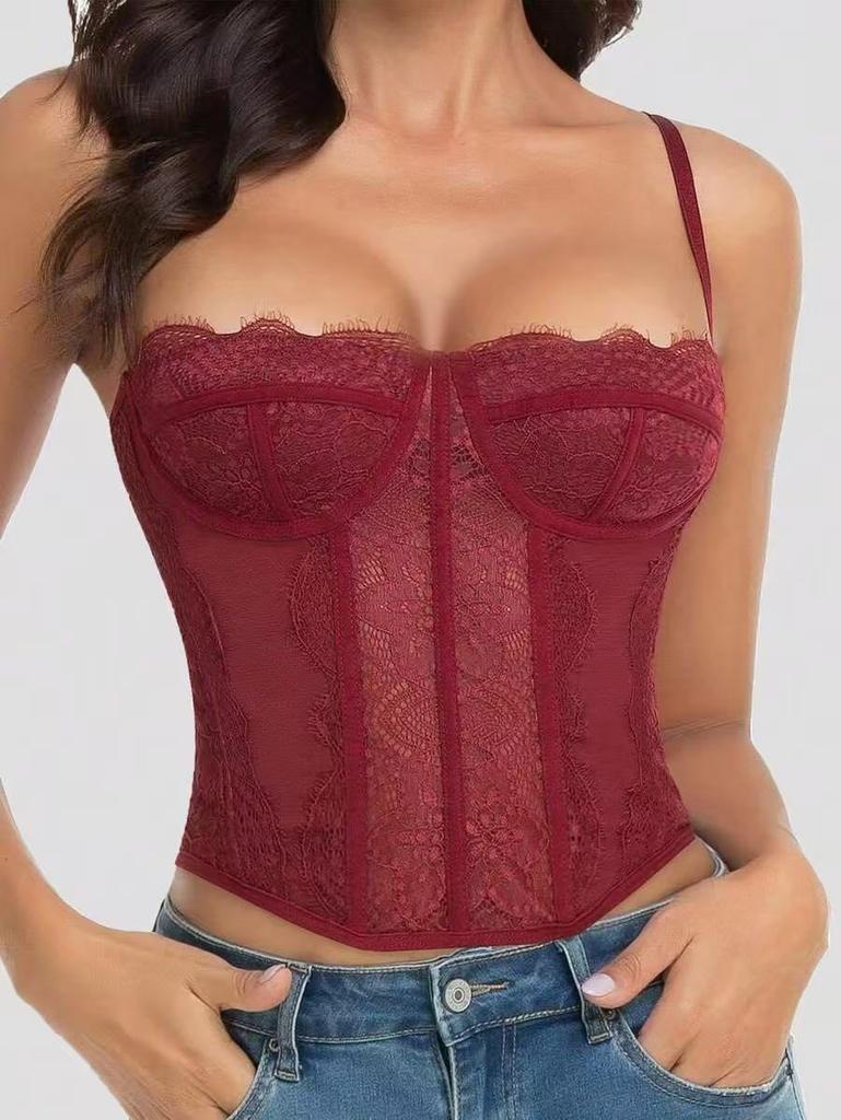 European and American Explosive Spice Girls Sexy Gathered Eyelashes Lace Perspective Pure Desire Corset Fishbone Corset Top