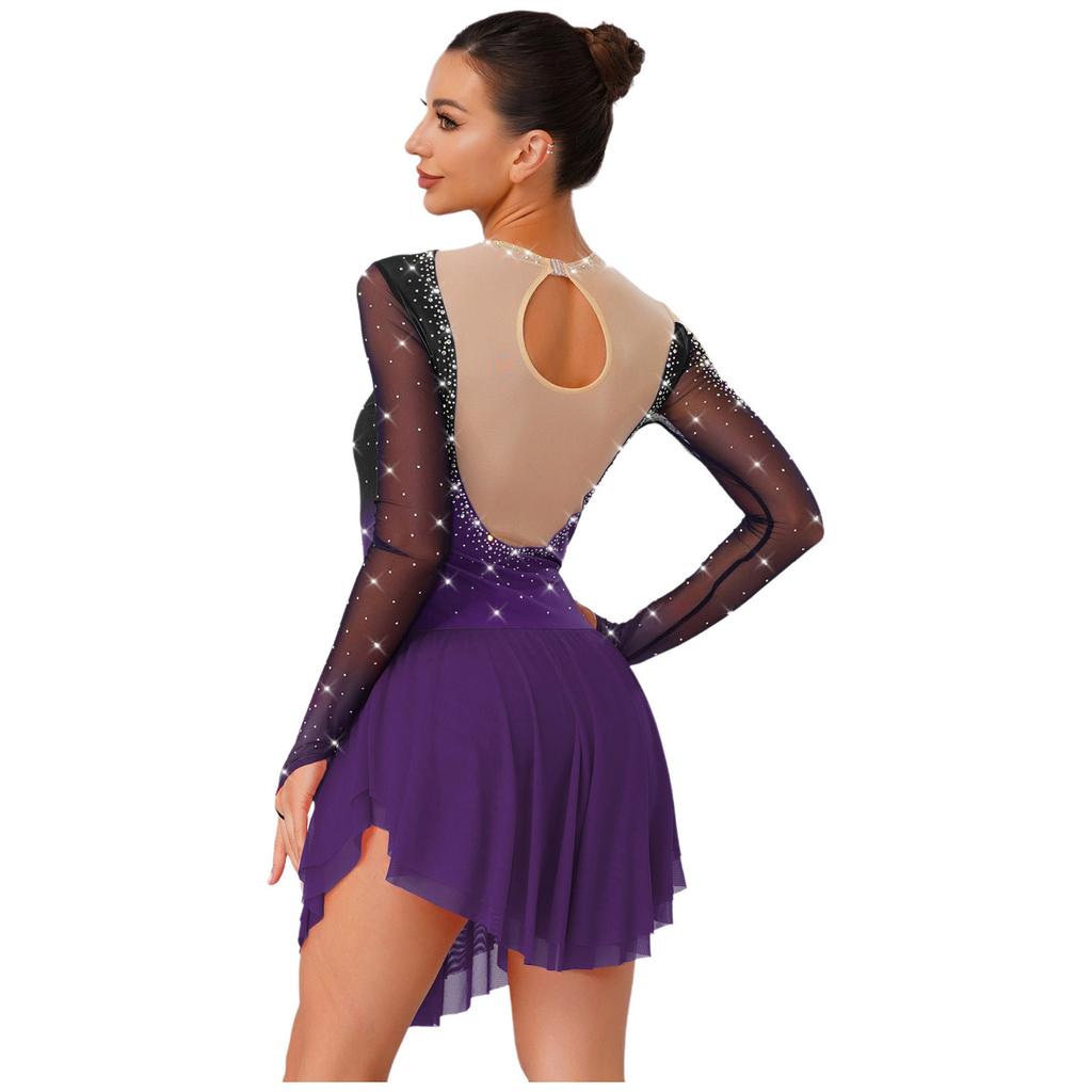 Womens Figure Skating Costume Sparkly Rhinestones Mesh Patchwork Built In Briefs Gradient Color Dresses