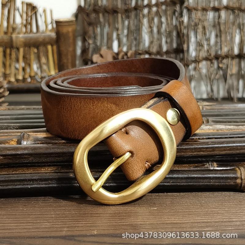 2.8Cm Retro Pleated Trendy Copper Buckle Belt Women'S Genuine Leather Pure Cowhide Versatile Jeans Belt