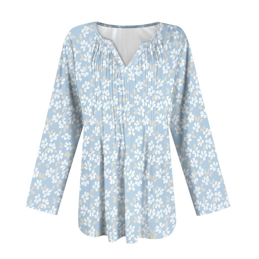 Damska Moda Casual Plisowana Koszulka z Dekoltem V w Jednolitym Kolorze z Długim Rękawem Eleganckie Bluzki