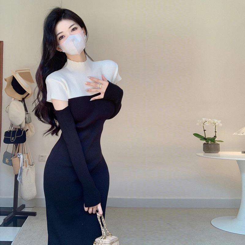 Contrasting color semi-turtleneck knitted dress autumn and winter women slim and thin temperament pure desire long sweater bottoming skirt
