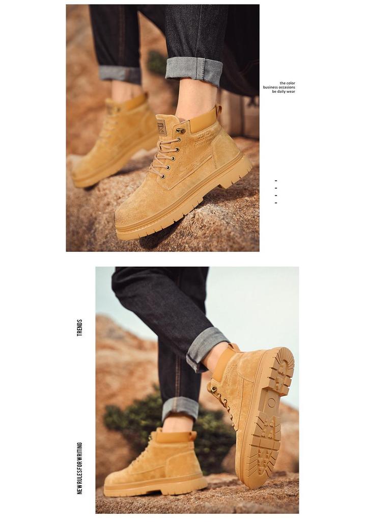 Men's Extra Large Yellow Martin Boots - Autumn/Winter Wear-Resistant Top Layer Cowhide Work Boots