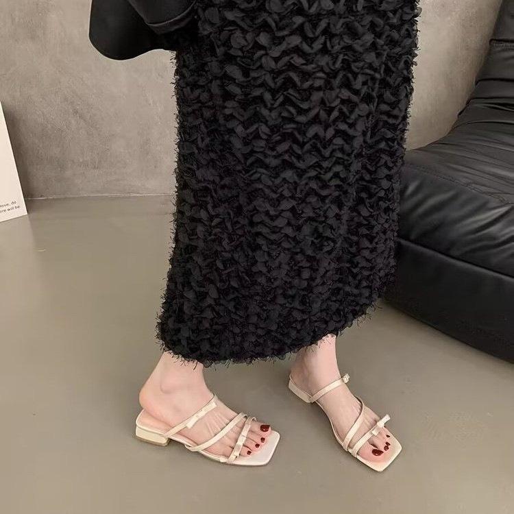 French Evening Breeze Bow High Heels Silver Sandals Female Summer Wear Thick Heels Cool Slippers with Skirt Fairy Shoes