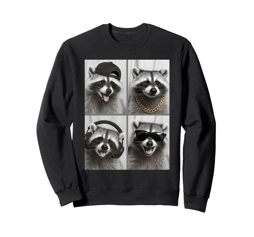 Raccoon headphones, sunglasses, and sweatshirt
