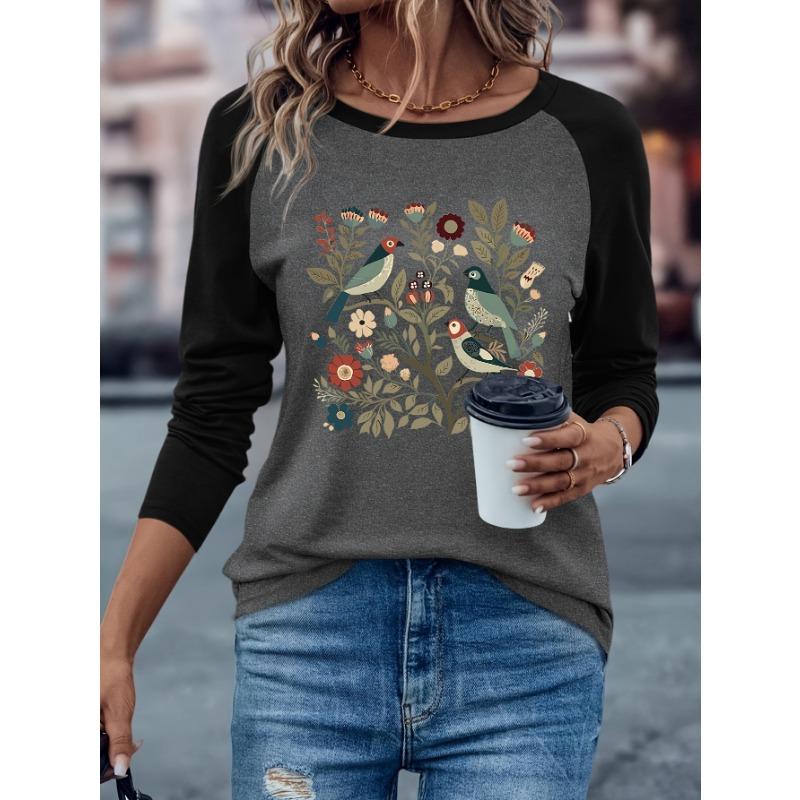 Floral and Bird Print Casual Long-sleeve T-shirt Harajuku Winter Autumn Graphic Long Sleeved Comfortable T Shirt Woman