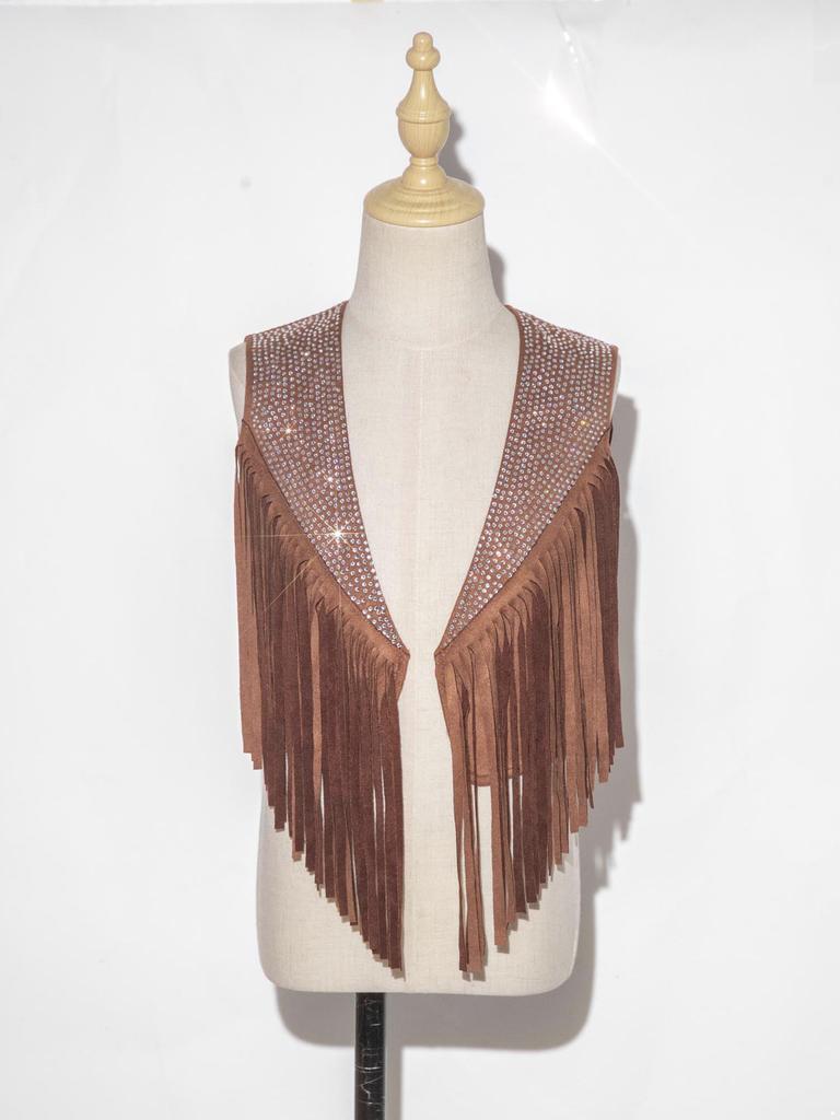 Children‘s Cowboy Fringed Vest Sparkling Rhinestones Sleeveless Open Front Waistcoat for Stage Performance Rodeo Party