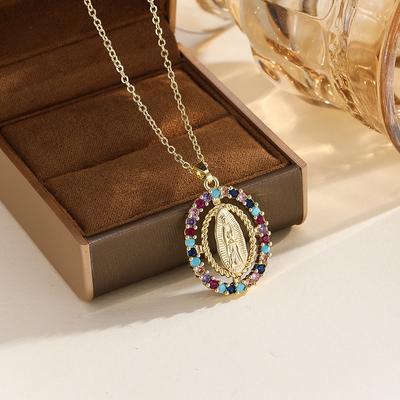 Collier Mode Vierge Marie Pour Femmes Zircon Coloré Pendentif Elliptique Chaîne Croyance Religieuse Féminine Prière Bijoux de Fête