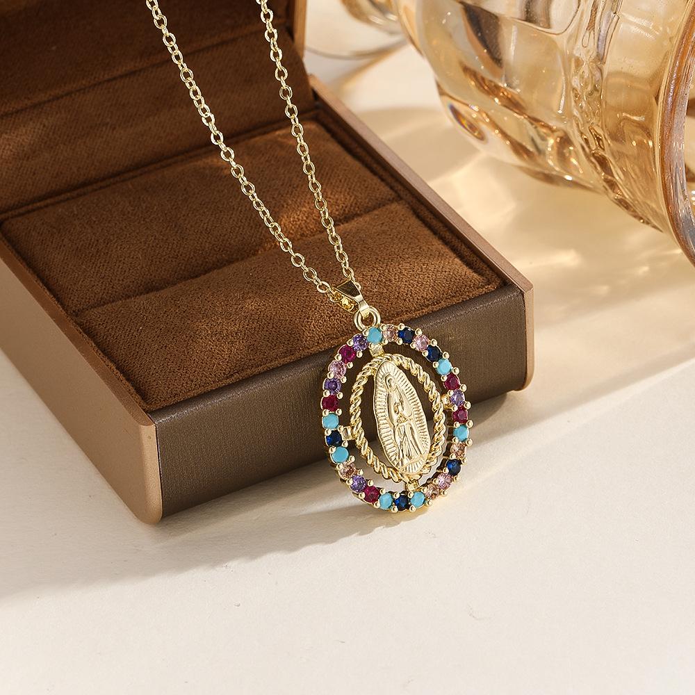 

Fashion Virgin Mary Necklace For Women Colorful Zircon Elliptical Pendant Chain Female Religion Belief Prayer Party Jewelry