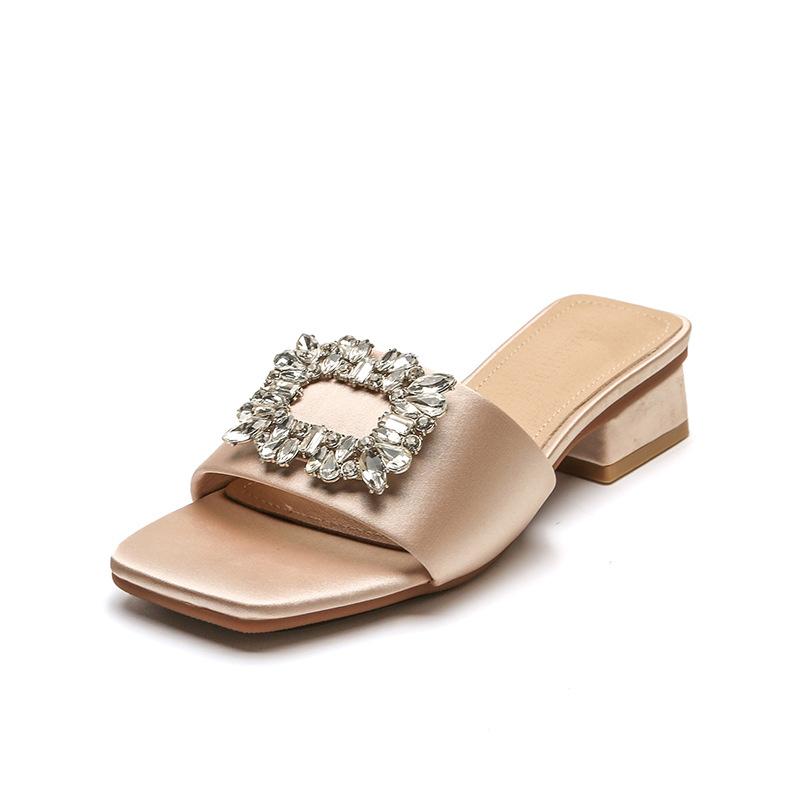 

Модные элегантные шлепанцы с драгоценными камнями, женская обувь с открытым носком, на плоской подошве, слипоны, мюли с кристаллами, брендовые сандалии с квадратной пряжкой и стразами, женские 35 абрикосовый
