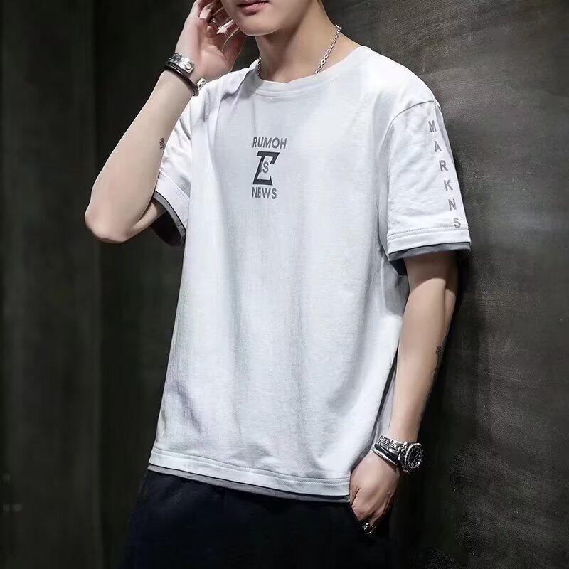 Fake Two-Piece Short-Sleeved T-Shirt Men'S Summer New Youth Leisure Sports Round Neck Short-Sleeved Thin Bottoming Shirt Trendy Brand