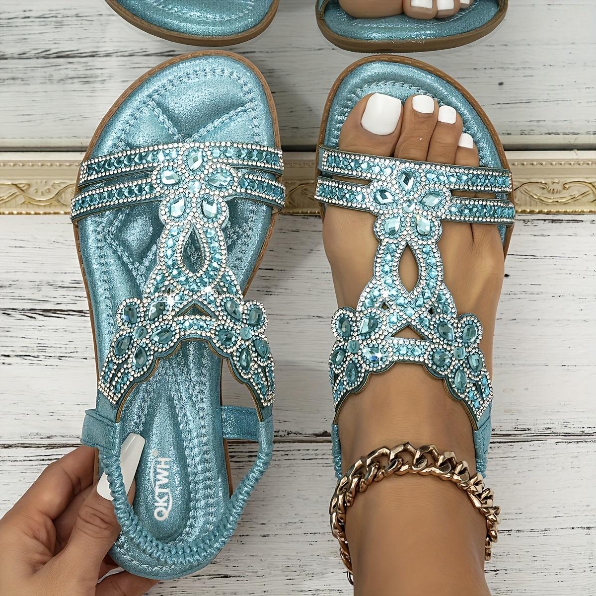 Damen Boho Strassblumen Flache Sandalen - Runde Zehenpartie Lässige Strandschuhe mit Fersenriemen 43 himmelblaue