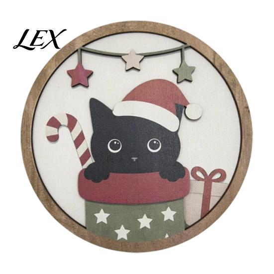 Cute Animal Wall Art Christmas Black Cat Decor, Layered Wooden Hanging Sign, Round 2D Home Decorations Flat Decoration for Living Room Bedroom