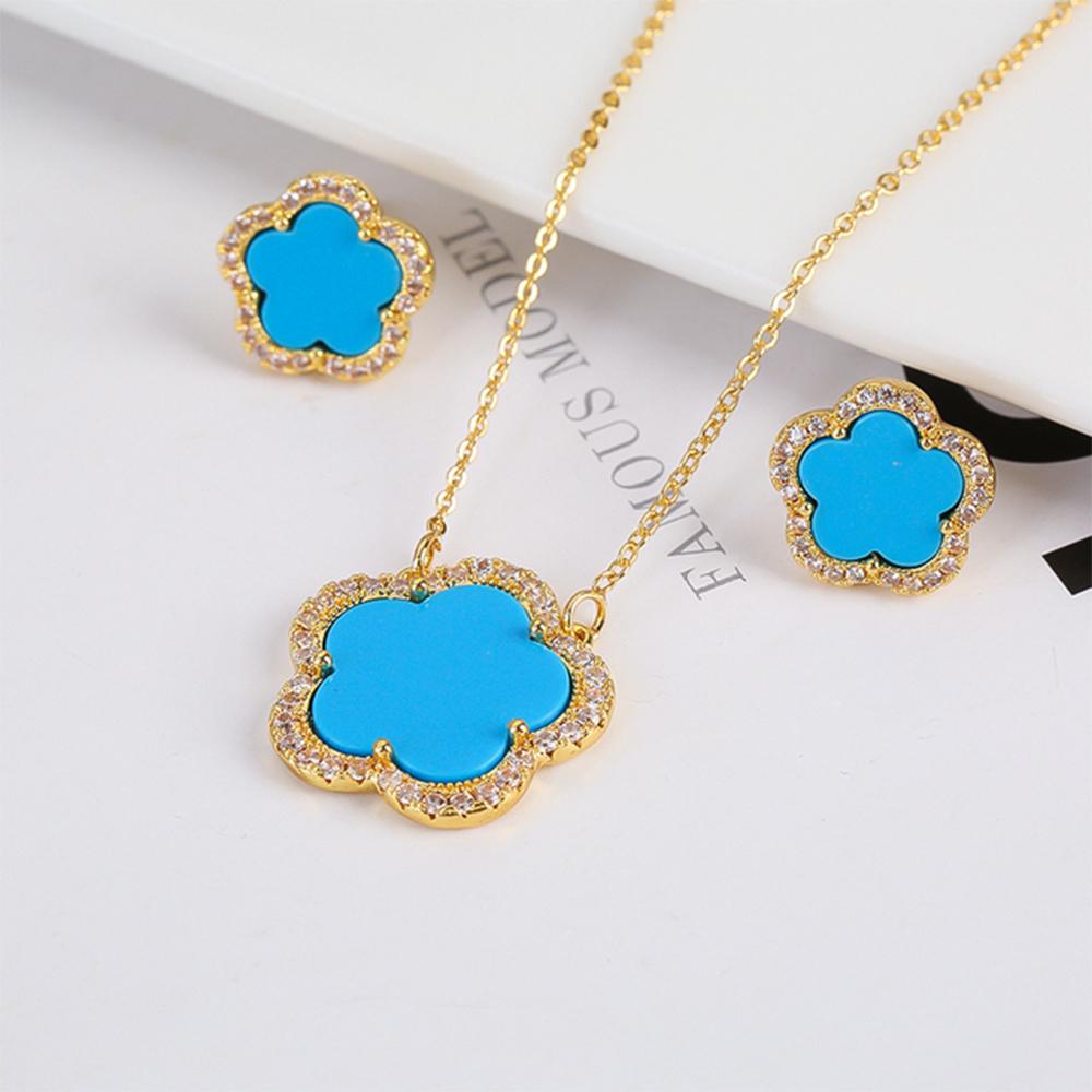 Top Quality Women Girls Five Leaf Flower Set Necklace Earrings Fashion Luxury Natural Stone Shell Set High Quality Zircon Gifts