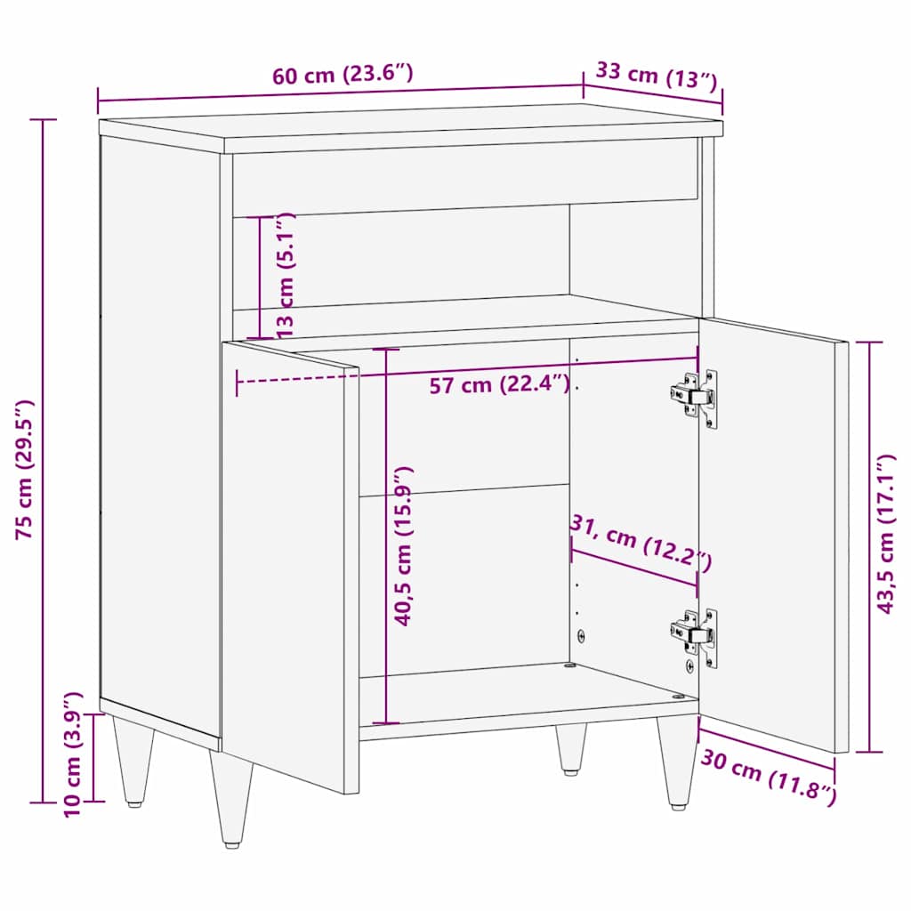 Black Sideboard with Shelf 60 x 33 x 75 cm Solid Mango Wood