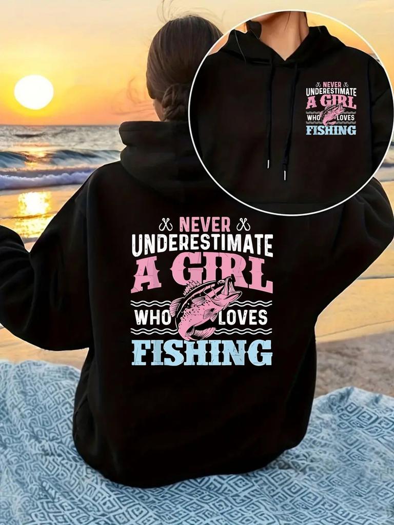 Retro Fishing Girl Slogan Printed Hooded Sweater Boys and Girls Outdoor Fishing Long Sleeve Bottom Shirt