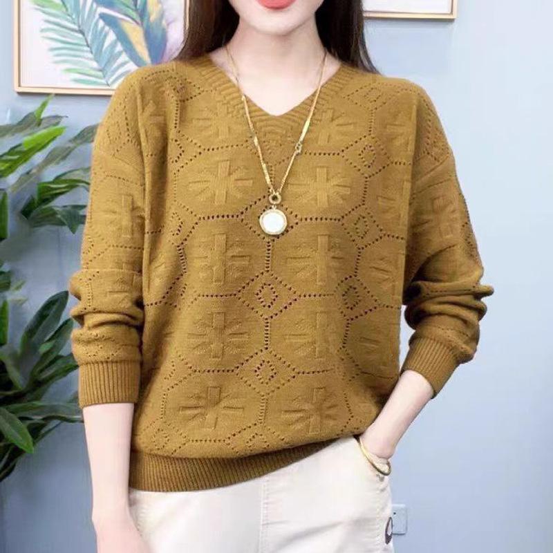 Pulover Tricotat cu Mâneci Lungi și Guler în V pentru Femei, Primăvară și Toamnă, Pulover Ajurat pentru Femei
