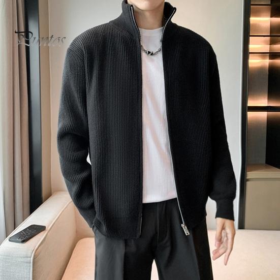 Men Sweater Coat Zipper Closure Knit Elastic Long Sleeves Stand Collar Outerwear Pure Color Casual Cardigan Daily Wear School Mid Length Jacket