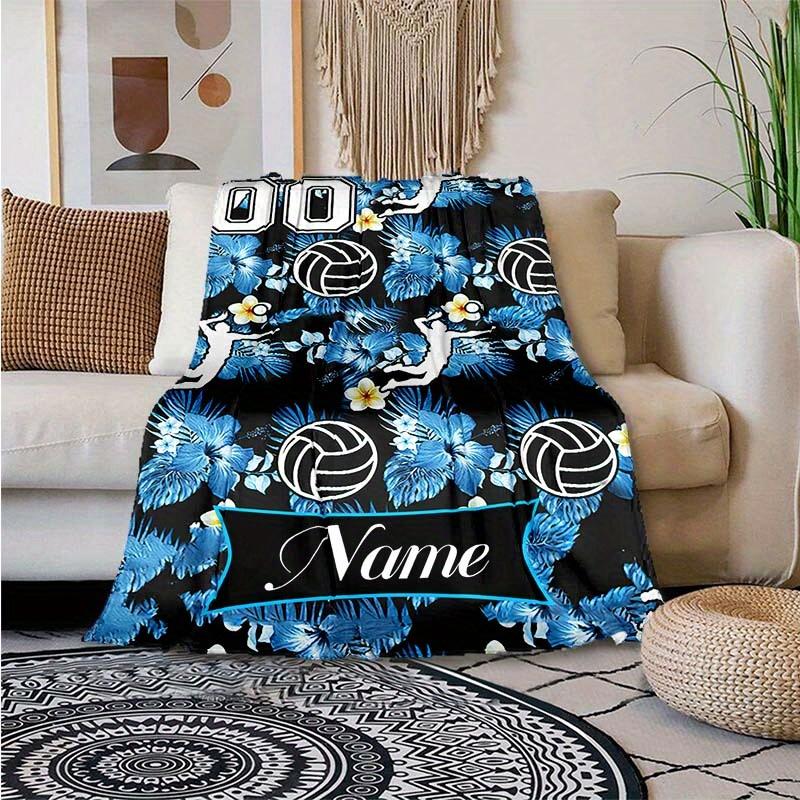 Blue Flower Volleyball Customize Your Name Blanket Used For Chair Office Sofa Bed Camping Soft And Warm Giving Friends And Relatives Birthday