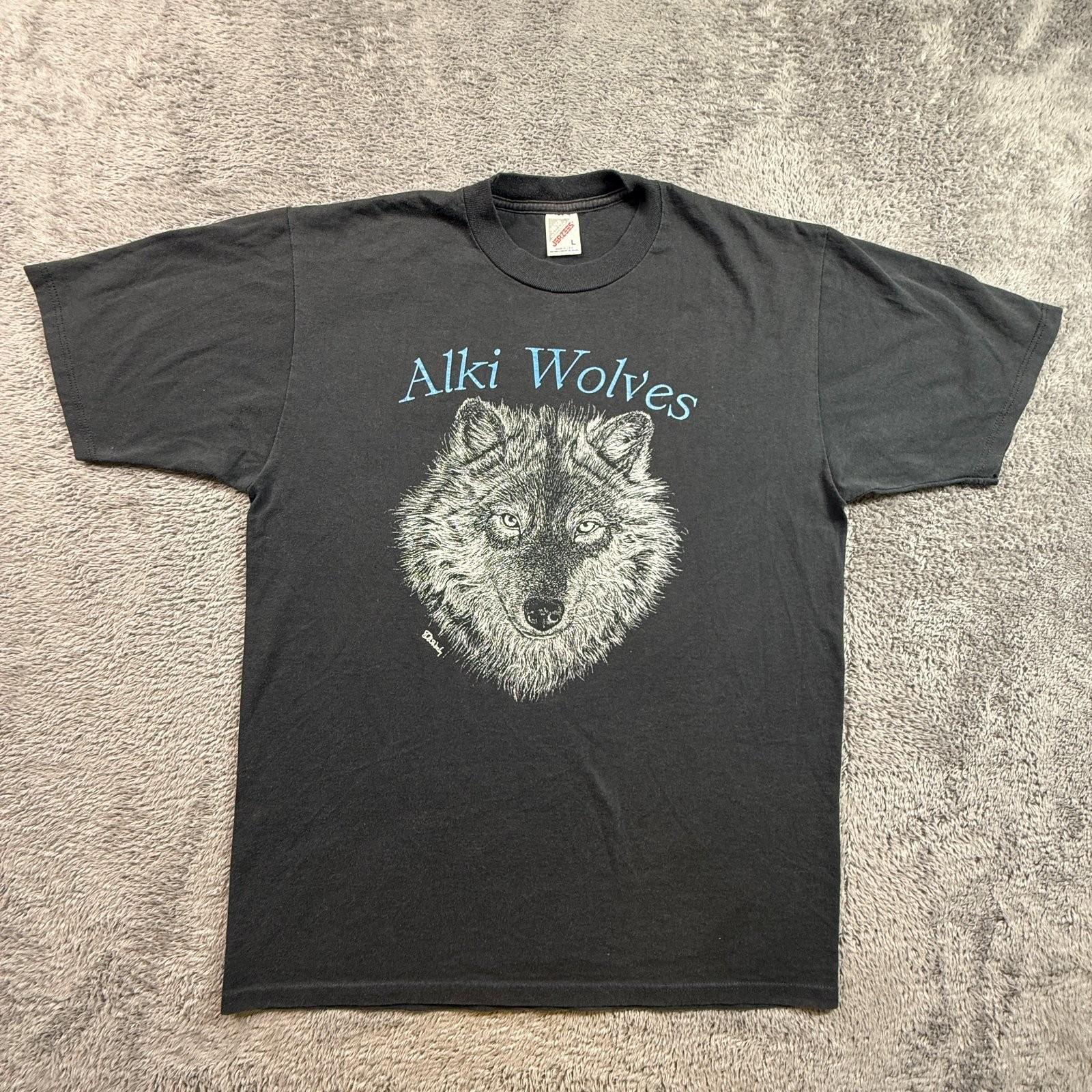 Vintage Alki Wolves Jerzees L Mens 90s Wolf Graphic Tee Black Fade Crew Unisex T-Shirt S