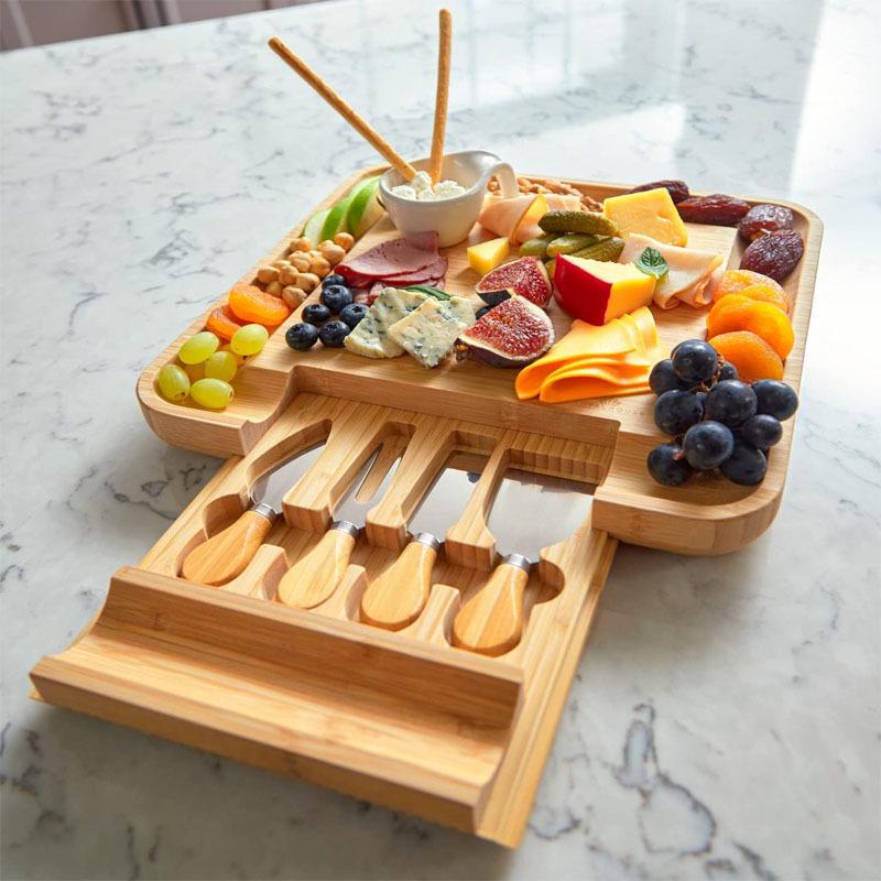 Bamboo Anti-Slip Fruit & Cheese Cutting Board Set with Drawer & Knife