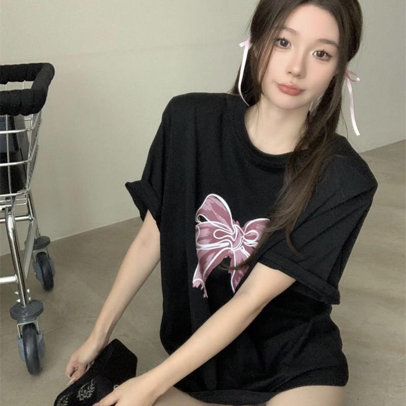 Lower clothes missing short-sleeved t-shirt women's summer Korean loose medium and long large version top 2026 new dress