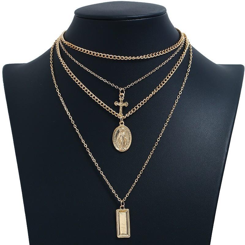 Mary Religious Necklace for Women, Vintage Gold Tone Choker Pendant, Multi-Strand Elegant Statement Jewelry