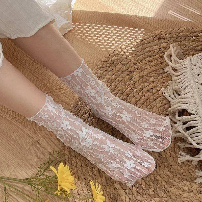 

1Pair Women s Ladies Breathable Transparent Floral Lace Socks Sweet Mesh Fishnet Socks Soft Funny Socks Hosiery белый