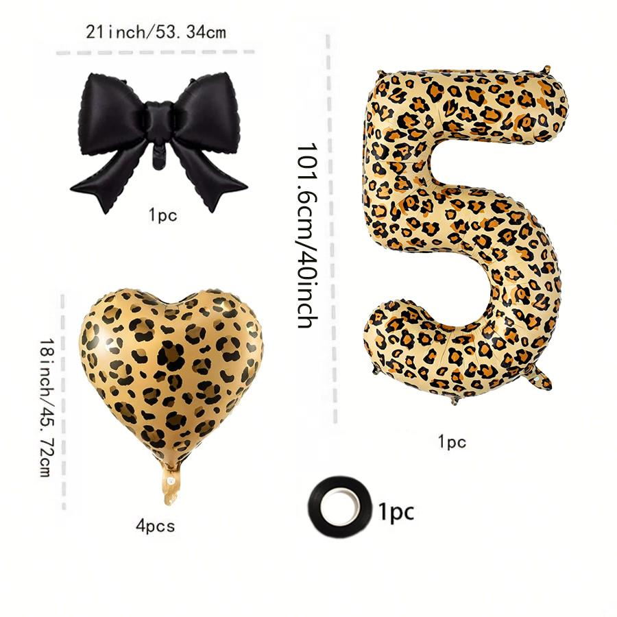 Leopard Print Number Foil Balloon 0-9 with Black Bow Leopard Print Heart-shaped Balloon for Birthday Anniversary Party Decor
