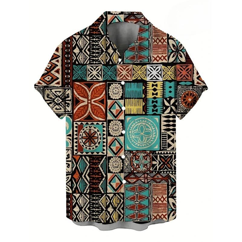 Camisas Havaianas para Homens T-shirt Casual de Manga Curta com Estampa Paisley 3D Gola Lapela Botões Tops Masculinos Verão Oversized Boêmio Camisetas Masculinas