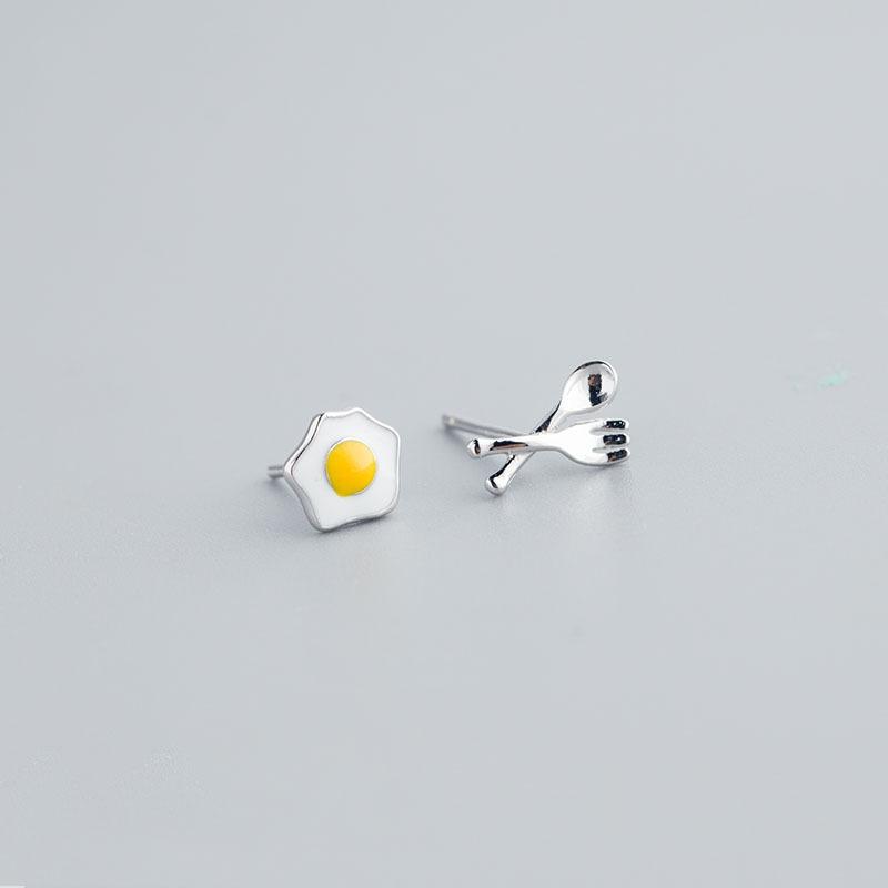 Fashion Asymmetric Fried Egg Fork Spoon Stud Earrings For Women
