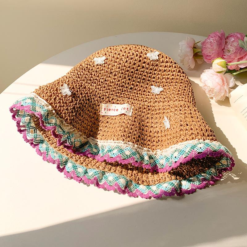Color Lace Woven Straw Hat Women'S Spring Sunshade Sunscreen Bucket Hat Seaside Beach Sun Hat