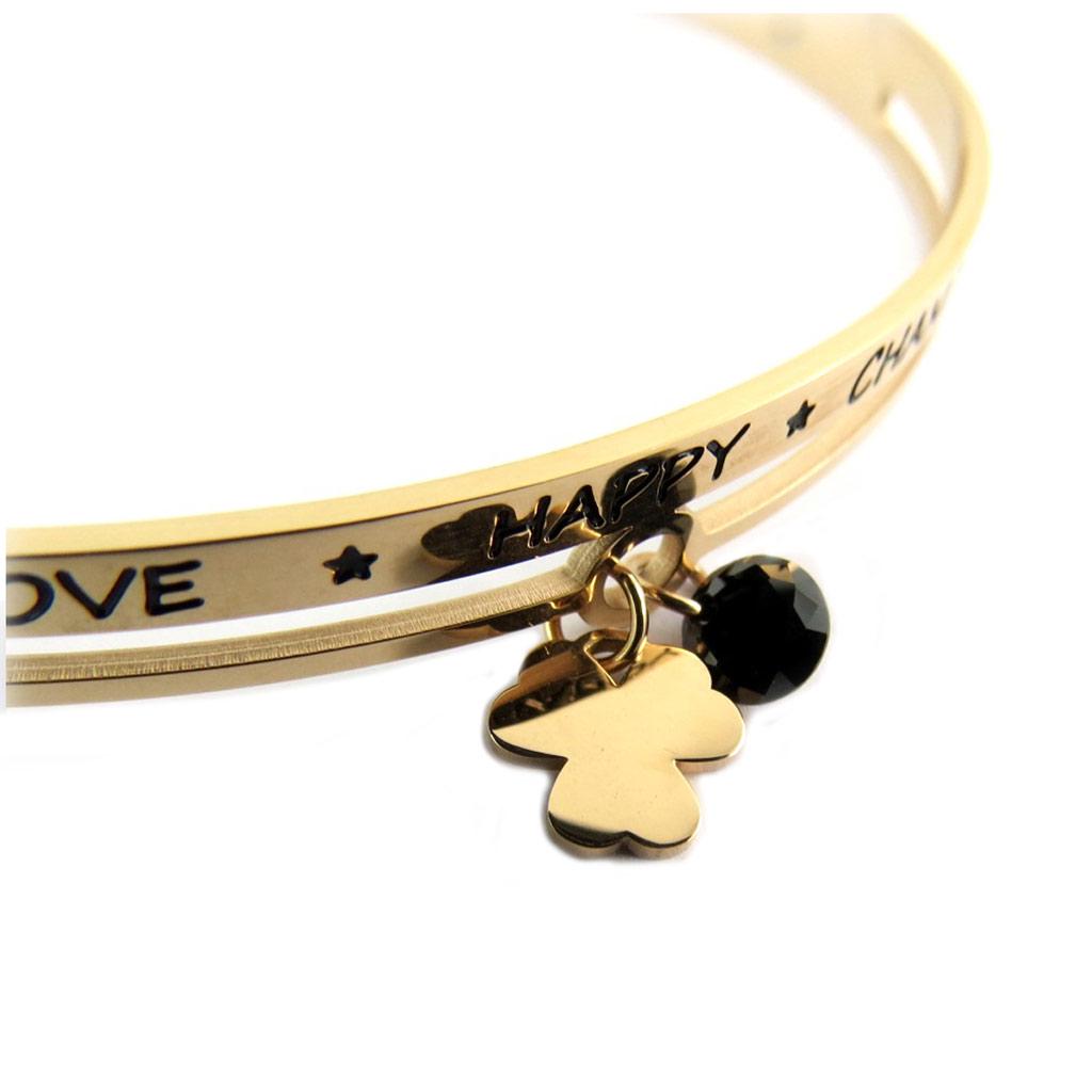 Les Trésors De Lily [P7980] - Rose Gold 'Messages' Steel Designer Bracelet (Love Happy Chance) - 65 Mm 6 Mm - Clover 8 Mm