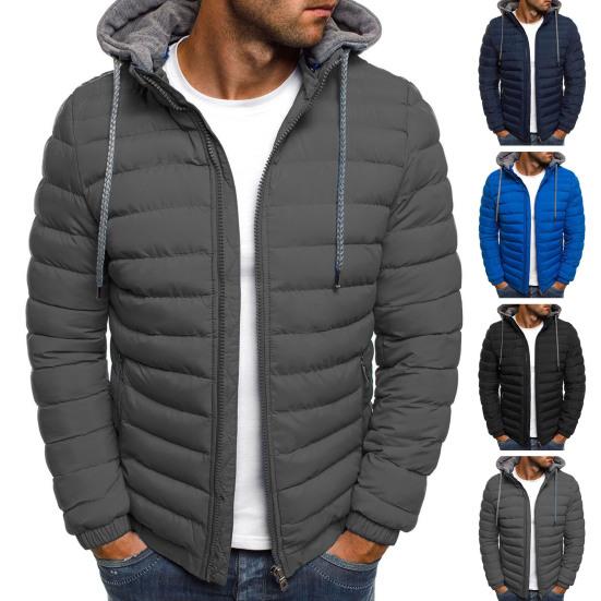 Men Cotton Jacket Hooded Drawstring Long Sleeve Zipper Placket Casual Coat Windproof Plush Lining Thickened Warm Outwear