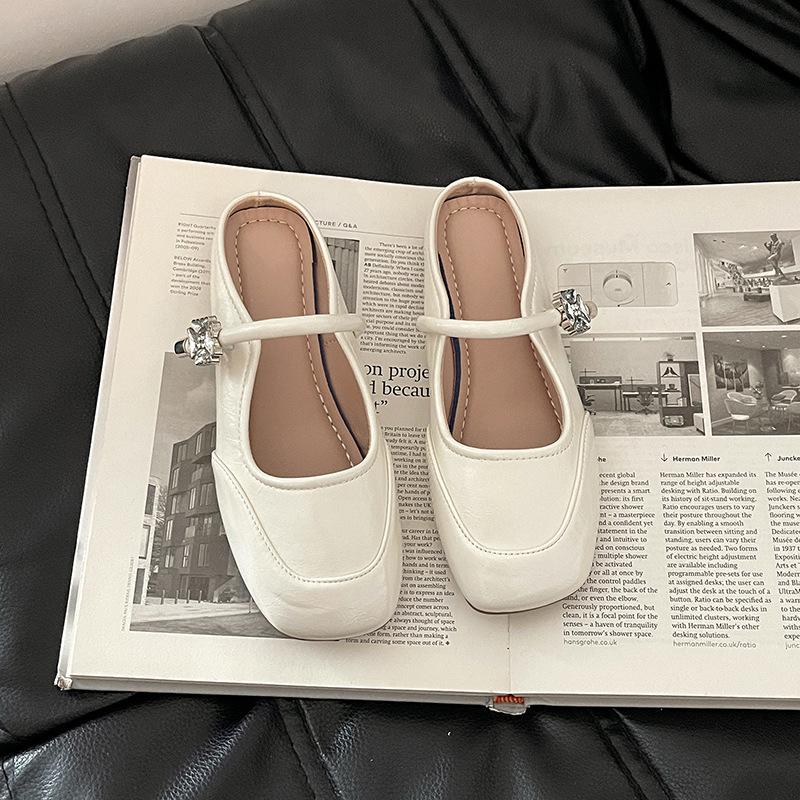 

Baotou half slippers women s summer wear 2025 new low-heeled half-support single shoes French with skirt Mary Jane cool slippers 35 бежевый
