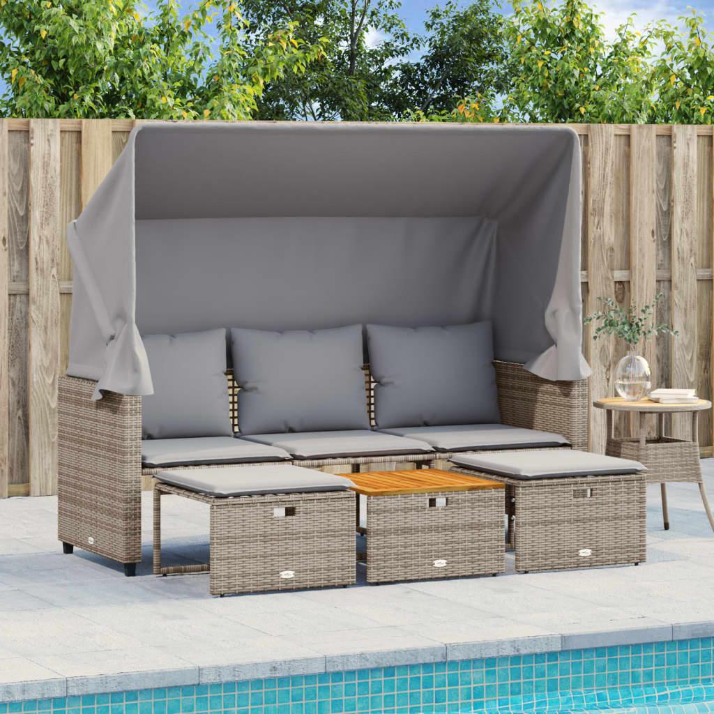 Outdoor 3 Seater Sofa with Canopy and Footstools Grey Poly Rattan