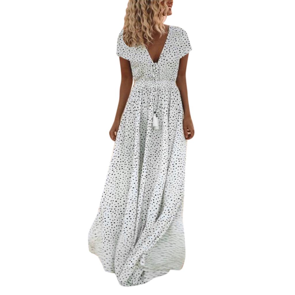 Women Summer Short Sleeve Dot Print Tassels V Neck Long Dress Beach Maxi Dress