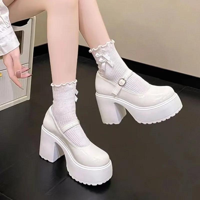 Autumn High Heels Mary Janes Shoes  Leather Heeled Shoes Woman Platform Ankle Strap Pumps for Women